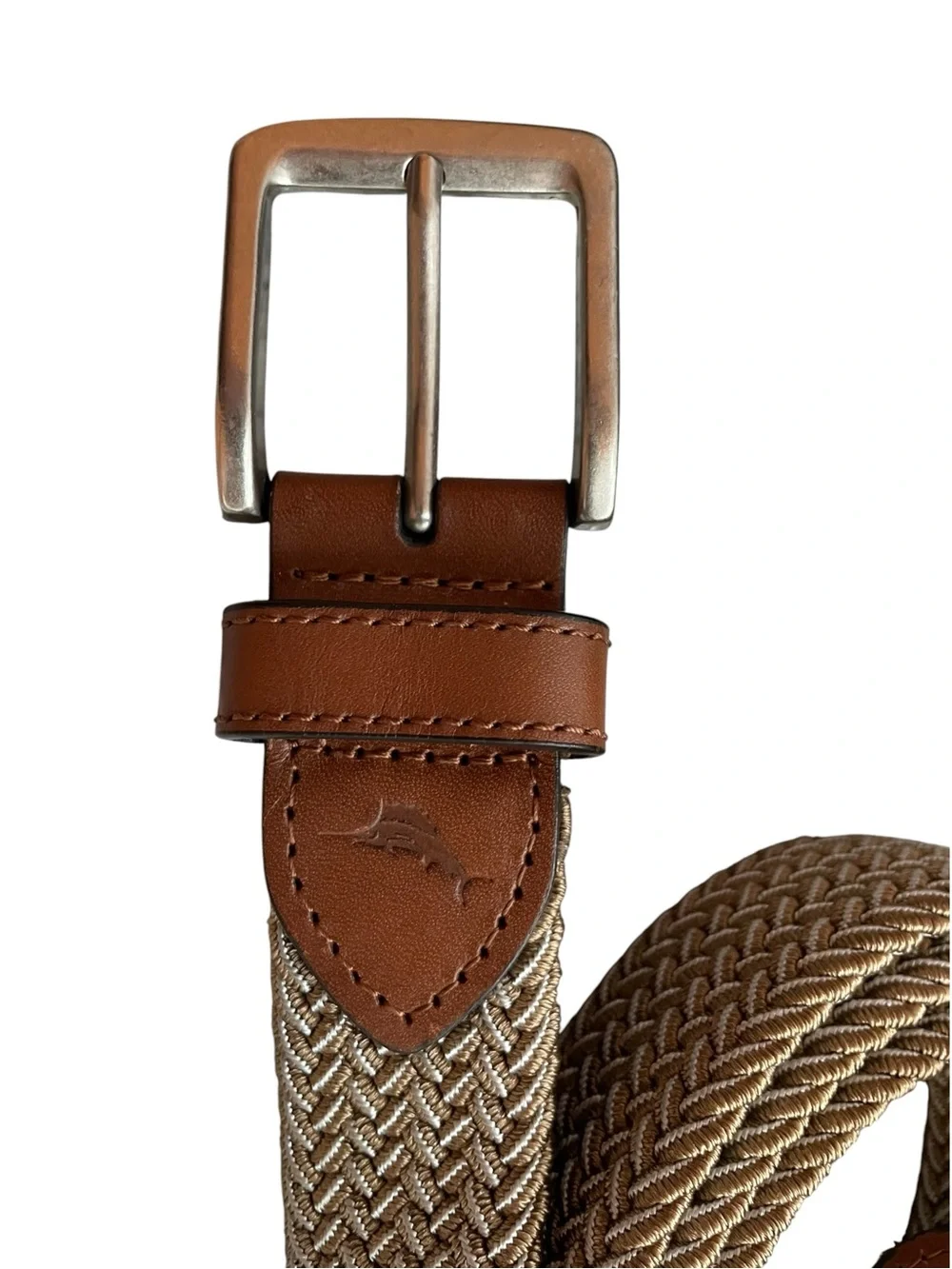 Tommy Bahama Mens Stretch 2-Tone Web Braid Belt Khaki Leather Trim Sz L 38-40  A